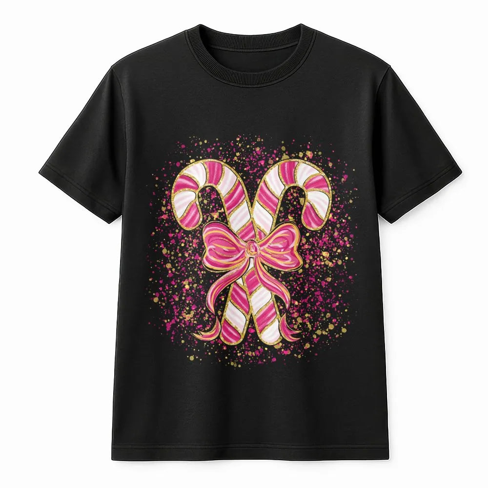 Coquette Bow Graphic Tee, Pink Candy Cane Christmas T-Shirt, Preppy Holiday Shirt, Adorable Aesthetic Xmas Graphic T-Shirt, P