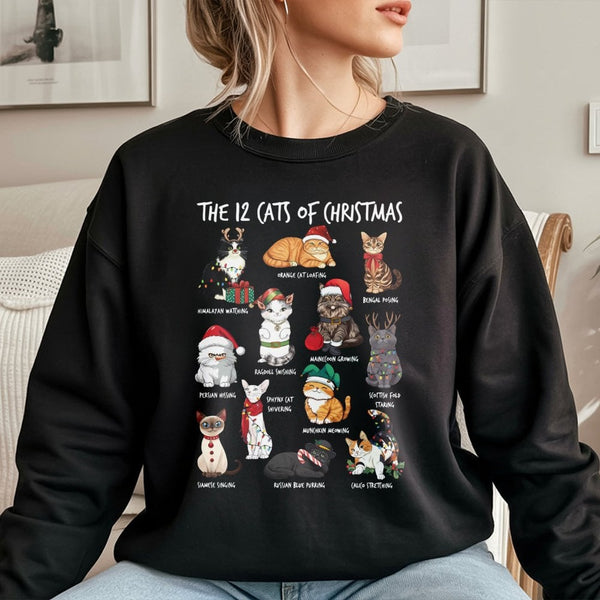 Humorous Holiday Cat Lover Sweatshirt, 12 Cats of Christmas Sweatshirt, Festive Kitten Xmas Crewneck, Adorable Pet Graphic Sw