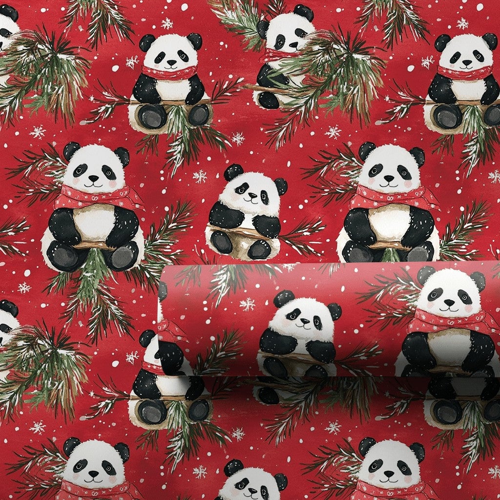 Scarf Panda Bear Holiday Gift Wrap, Red Christmas Panda Wrapping Paper, Adorable Winter Panda Wrapping Paper, Festive Animal 