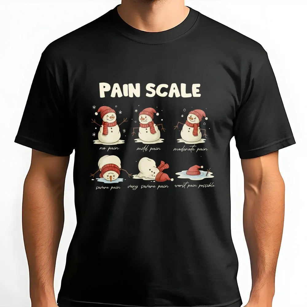 Humorous Medical Humor Shirt, Snowman Pain Scale Christmas Nurse T-Shirt, Holiday Healthcare Graphic Tee, Winter Hospital Tee