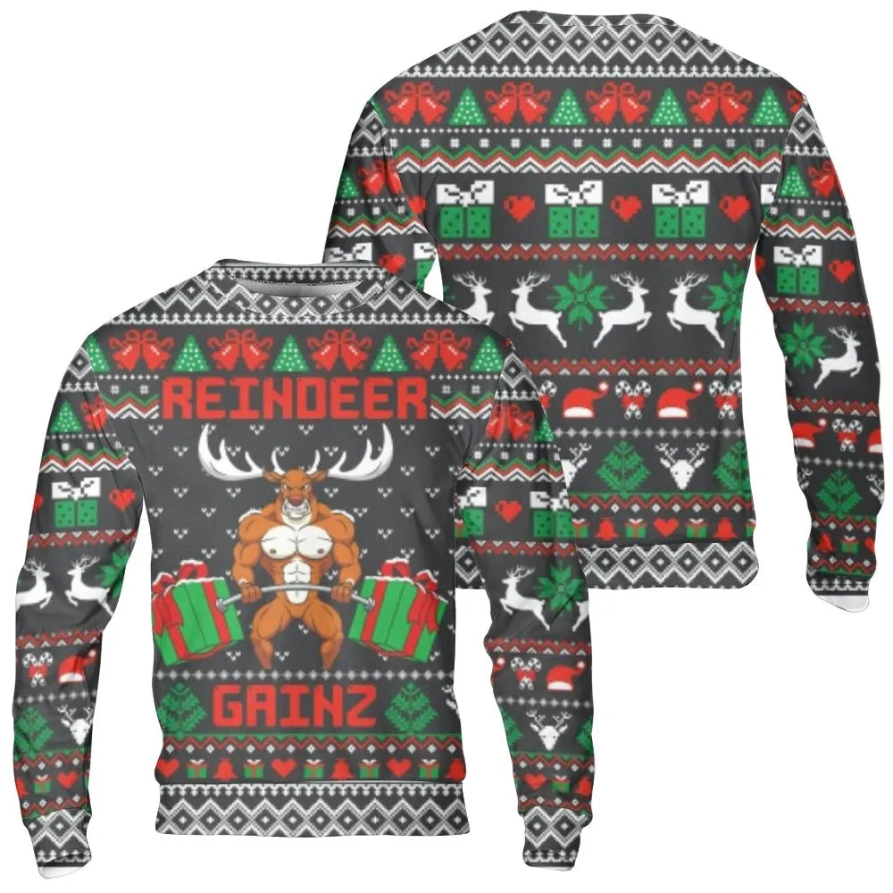 Weightlifting Ugly Sweater, Buff Reindeer Christmas Sweatshirt, Humorous Fitness Holiday Sweatshirt, Bodybuilder Xmas Pullove