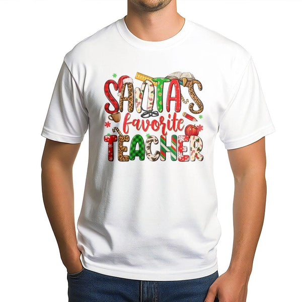 Leopard Print Holiday Tee, Santa's Favorite Teacher Christmas T-Shirt, Elementary Educator Graphic Shirt, Festive Teacher Xma
