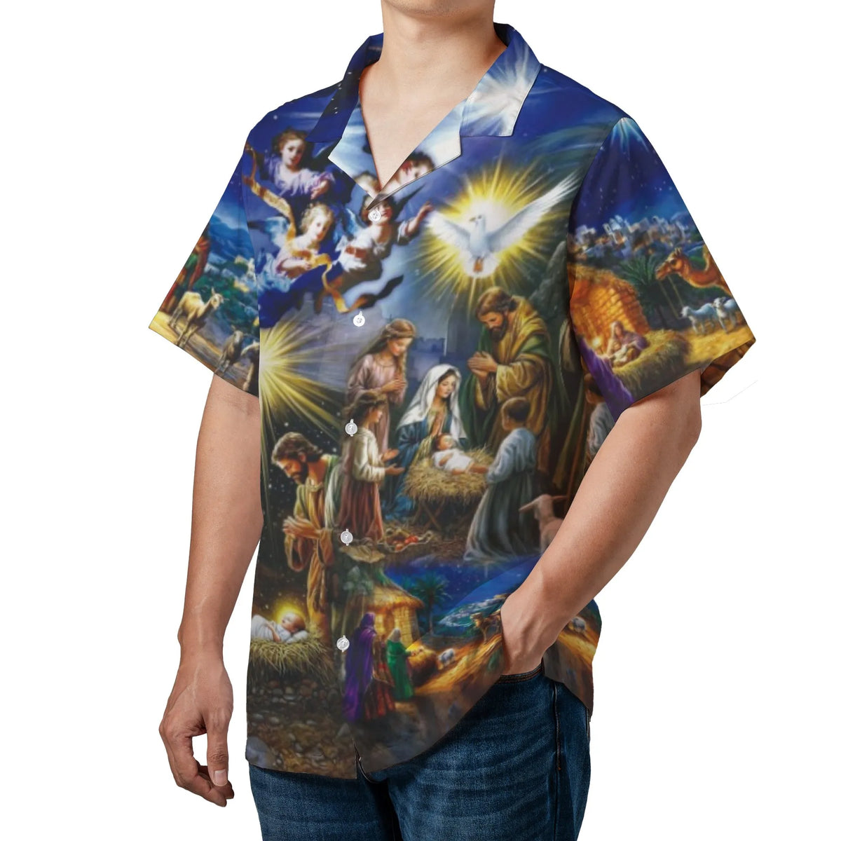 Religious Christmas Aloha Shirt, Nativity Scene Hawaiian Shirt, Birth of Jesus Button Up Shirt, Christian Holiday Beach Shirt