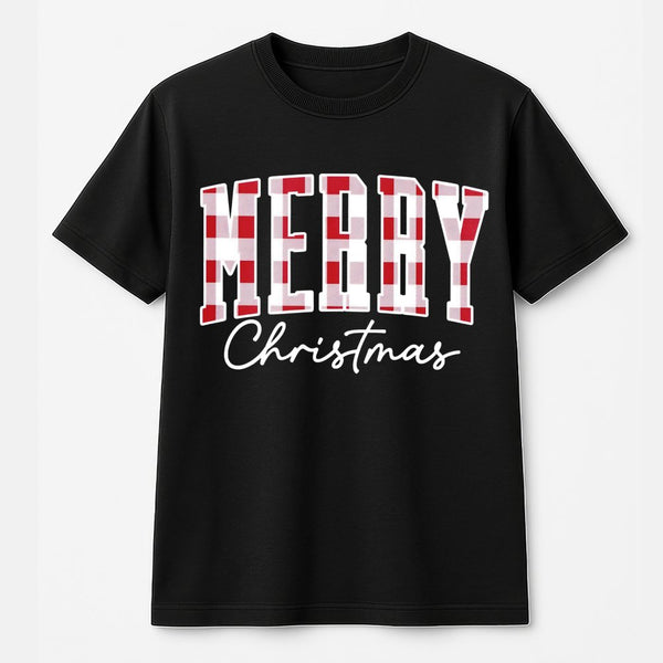 Retro Holiday Plaid Graphic Tee, Buffalo Plaid Merry Christmas T-Shirt, Festive Winter Season Shirt, Adorable Xmas Buffalo Ch