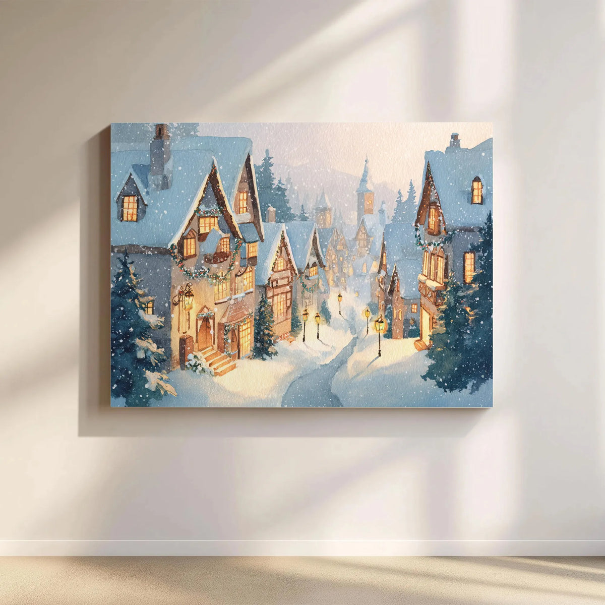 Winter Town Watercolor Canvas, Christmas Village Canvas Wall Art, Holiday Seasonal Canvas Print, Comfy Xmas Wall Decor, Chris