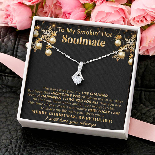 Ribbon CZ Pendant, Soulmate Alluring Beauty Necklace, 14k White Gold Over Stainless Steel Jewelry, Romantic Christmas Anniver