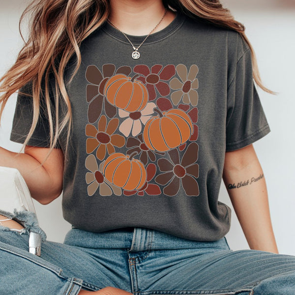 Boho Pumpkin T-Shirt | Retro Floral Autumn Graphic | 100% Cotton Fall Apparel | Thanksgiving Gift For Her