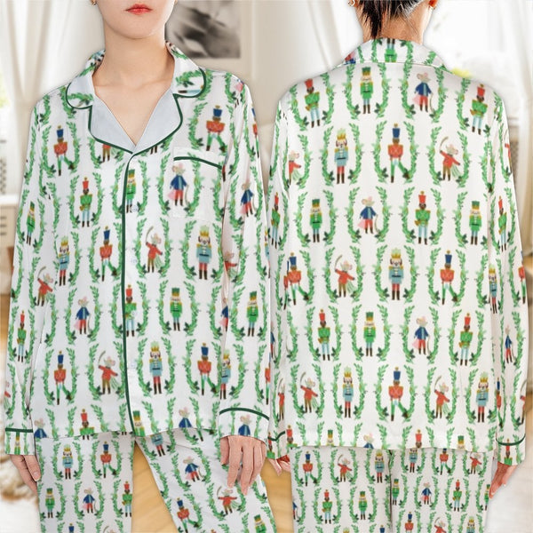 Festive Christmas Pajamas, Nutcracker Satin Pajama Set, Holiday Long Sleeve Sleepwear, Silky Button Up Loungewear