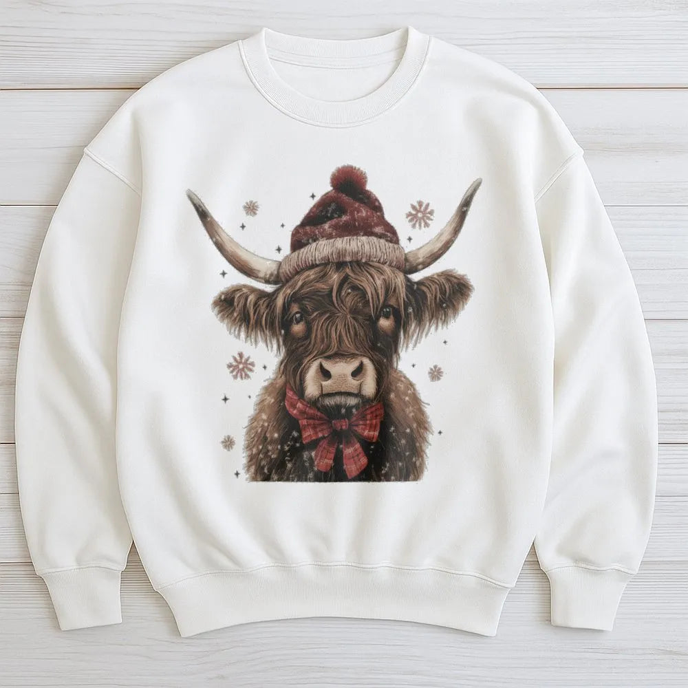 Western Farmhouse Cow Santa Hat Crewneck, Highland Cow Christmas Sweatshirt, Rustic Country Holiday Pullover, Winter Animal S