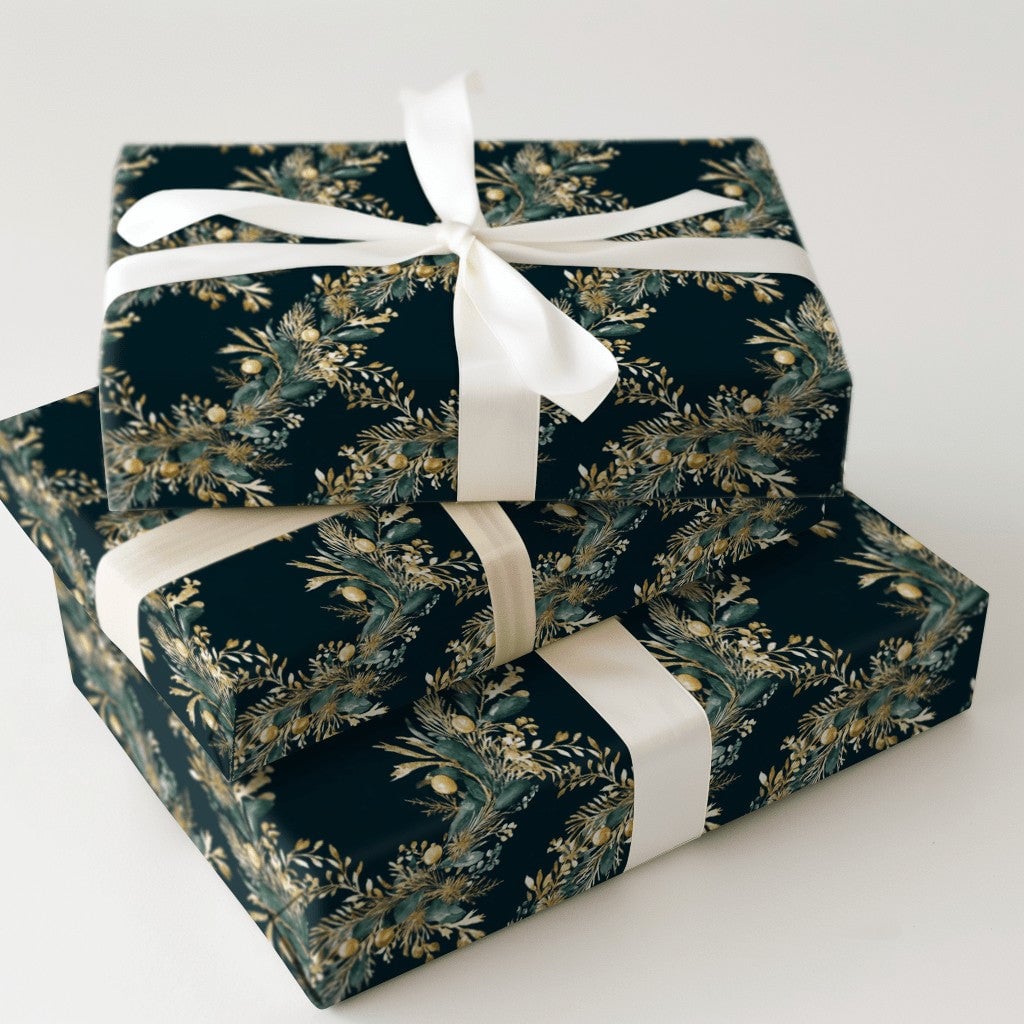 Elegant Gold Green Gift Wrap Roll, Botanical Wreath Christmas Wrapping Paper, Winter Holiday Present Paper, Dark Floral Gift 