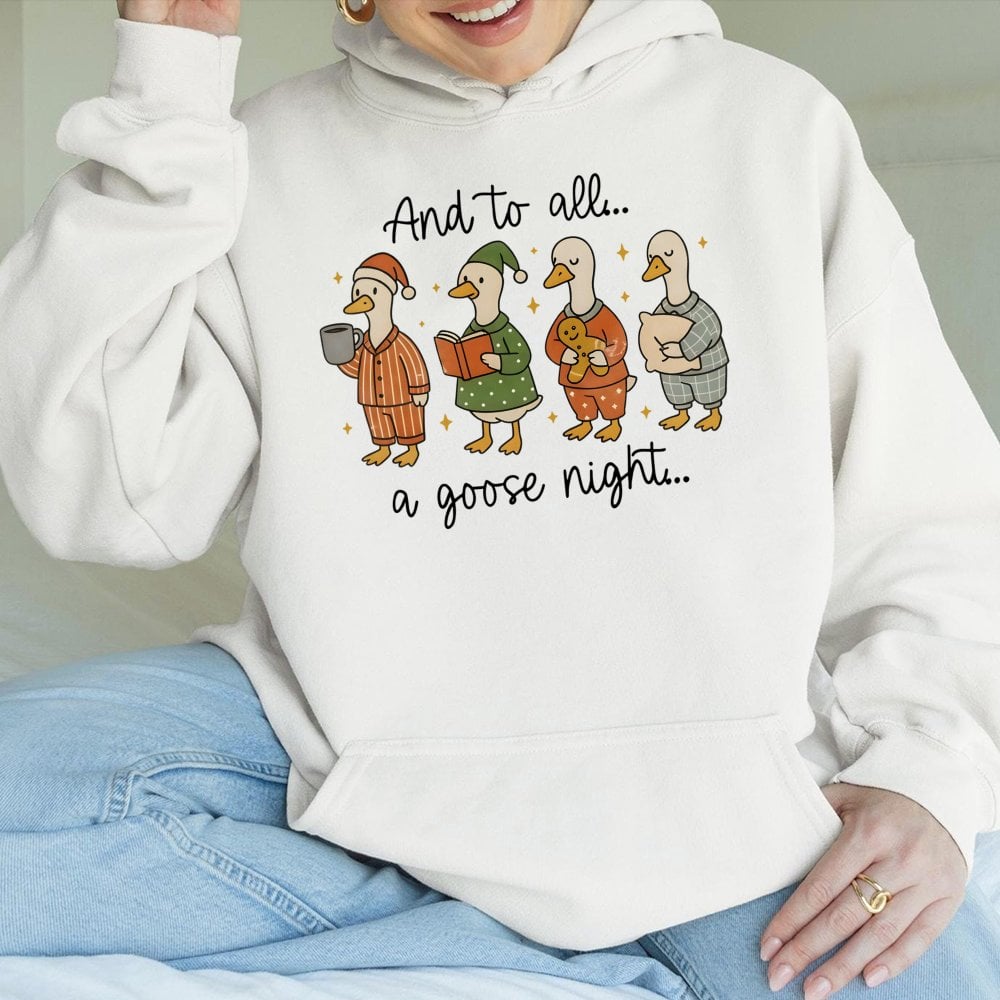 Adorable Pajama Geese Graphic Hooded Sweatshirt, Goose Christmas Hoodie, Silly Goose Holiday Pullover, Humorous Xmas Present 