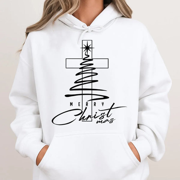 Christian Christmas Tree Hoodie, Merry Christmas Cross Hoodie, Religious Faith Holiday Hoodie, Winter Pullover Sweatshirt, Fa