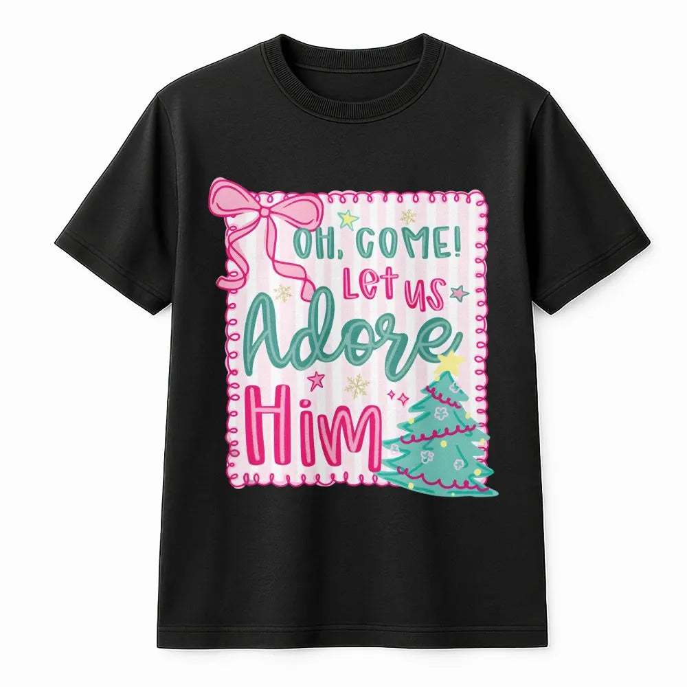 Pink Coquette Christmas Tree Tee, Oh Come Let Us Adore Him T-Shirt, Christian Holiday Graphic Shirt, Faith Aesthetic Scriptur
