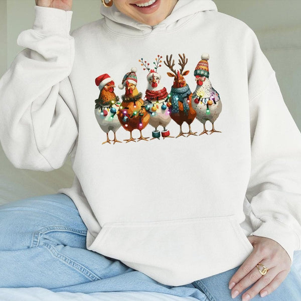 Holiday Lights Chicken Sweatshirt, Christmas Chicken Hoodie, Humorous Farm Animal Xmas Hoodie, Comfy Winter Pullover, Chicken