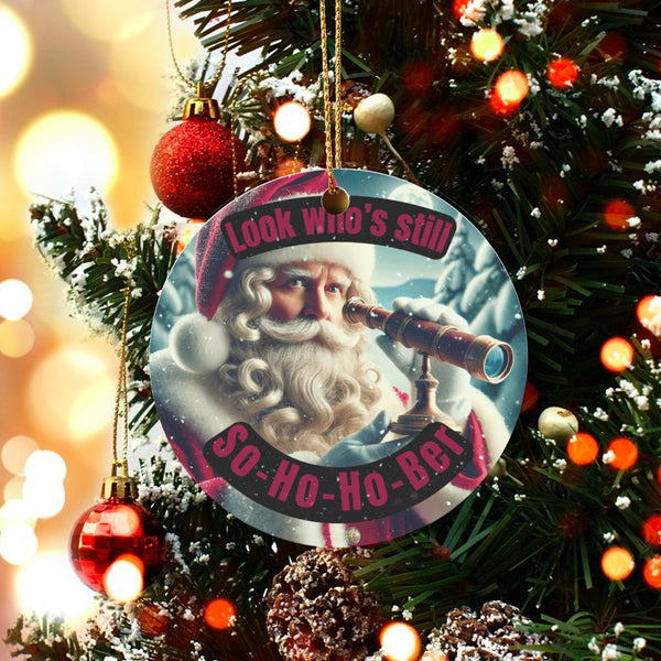 Telescope Santa Ornament, Humorous So-Ho-Ho-Ber Santa Christmas Ornament, Adult Humor Holiday Tree Ornament, Ceramic Keepsake