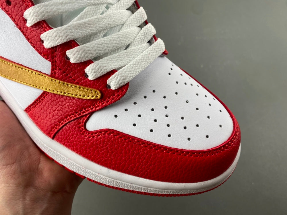 Low Top Sneakers, White Red Gold Colorway, Reverse Hook Design, Lace Up Design, Casual Gift for Sneaker Fans