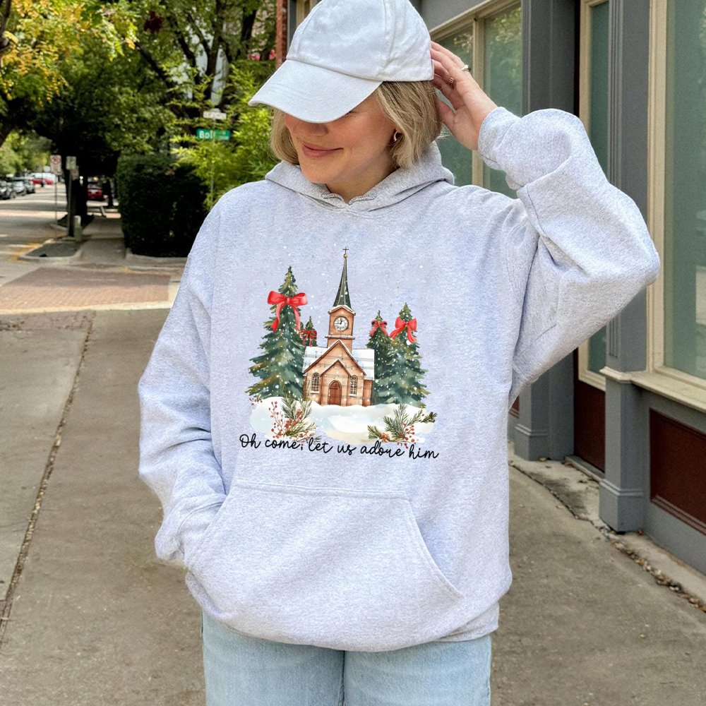 Watercolor Church Christmas Hooded Sweatshirt, Oh Come Let Us Adore Him Hoodie, Christian Holiday Sweater, Religious Faith Ch