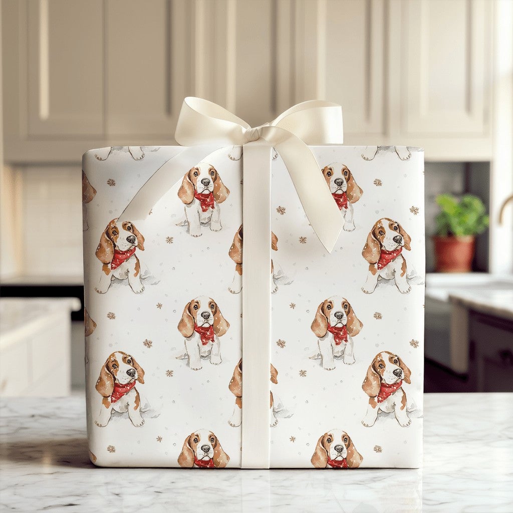 Puppy in Snow Holiday Gift Wrap Roll, Basset Hound Christmas Wrapping Paper, Winter Dog Xmas Wrapping Paper, Dog Lover Holida