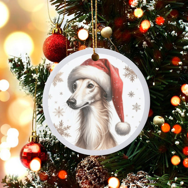 Santa Hat Snowflake Ceramic Ornament, Saluki Dog Christmas Ornament, Sighthound Holiday Tree Keepsake, Dog Lover Pet Memorial