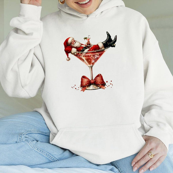Santa Cocktail Glass Hoodie, Christmas Martini Hoodie, Humorous Santa Claus Martini Hoodie, Holiday Cocktail Hooded Sweatshir