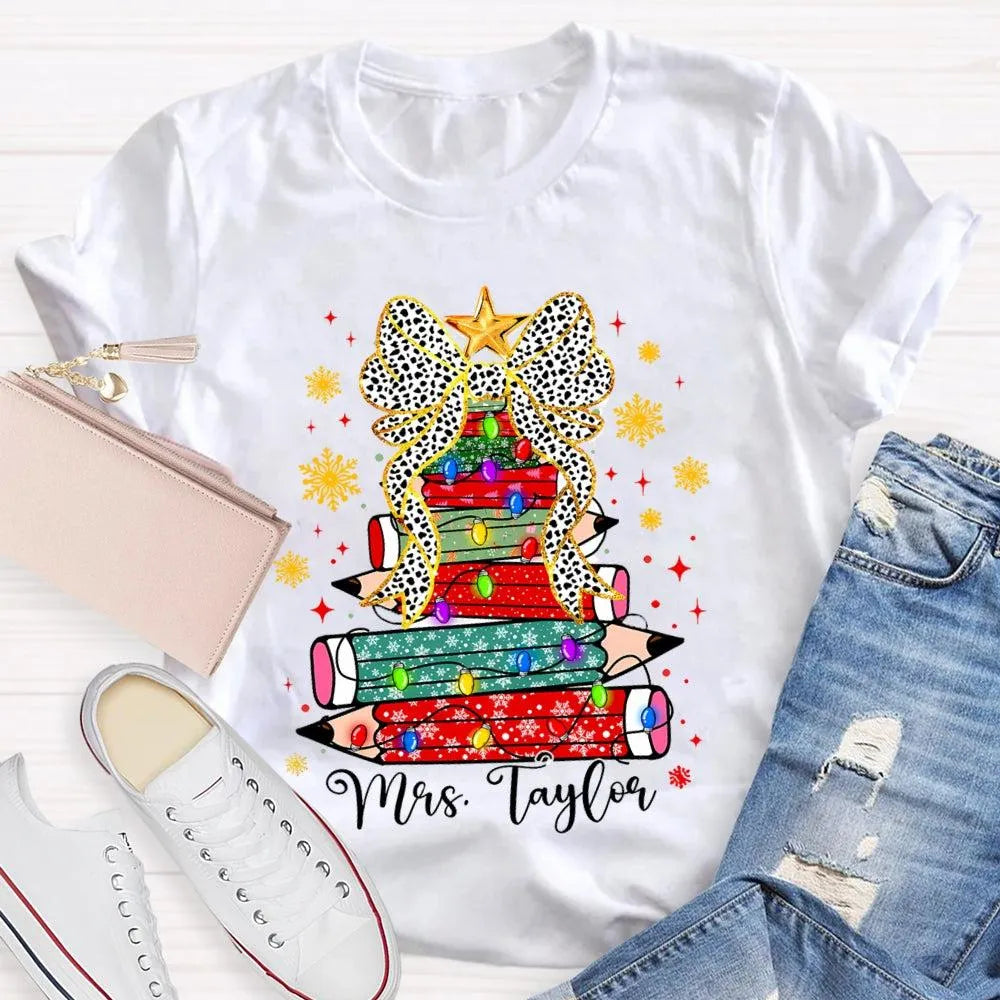 Custom Name Pencil Snowflake Tee, Personalized Teacher Christmas Tree Shirt, Holiday Teacher T-Shirt, Christmas Teacher Prese