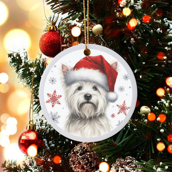 West Highland Terrier Santa Hat Ornament, Westie Christmas Ornament, Adorable Dog Ceramic Tree Ornament, Festive Holiday Deco
