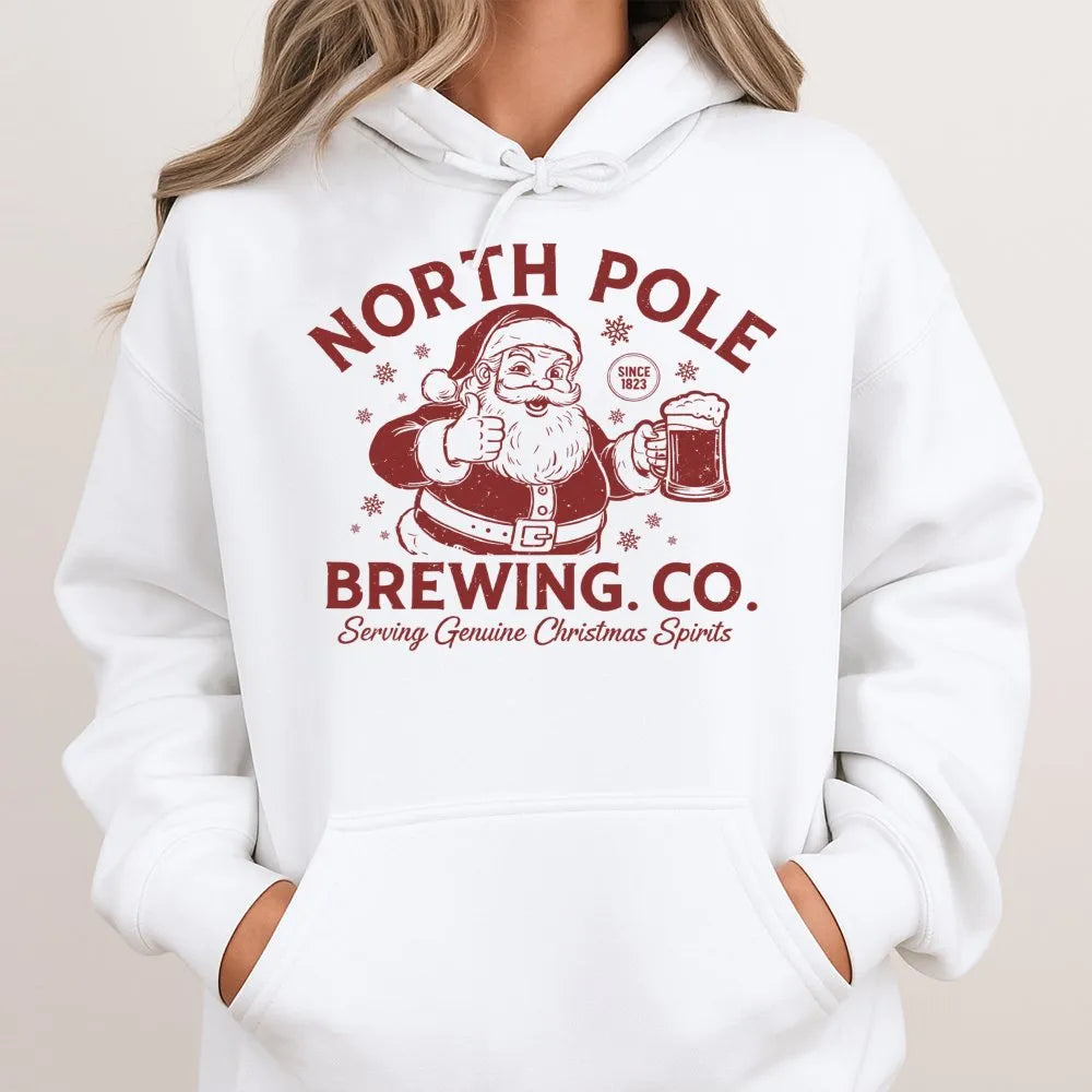 Humorous Santa Drinking Beer Hoodie, North Pole Brewing Co Hoodie, Vintage Xmas Holiday Graphic Sweatshirt, Christmas Party P