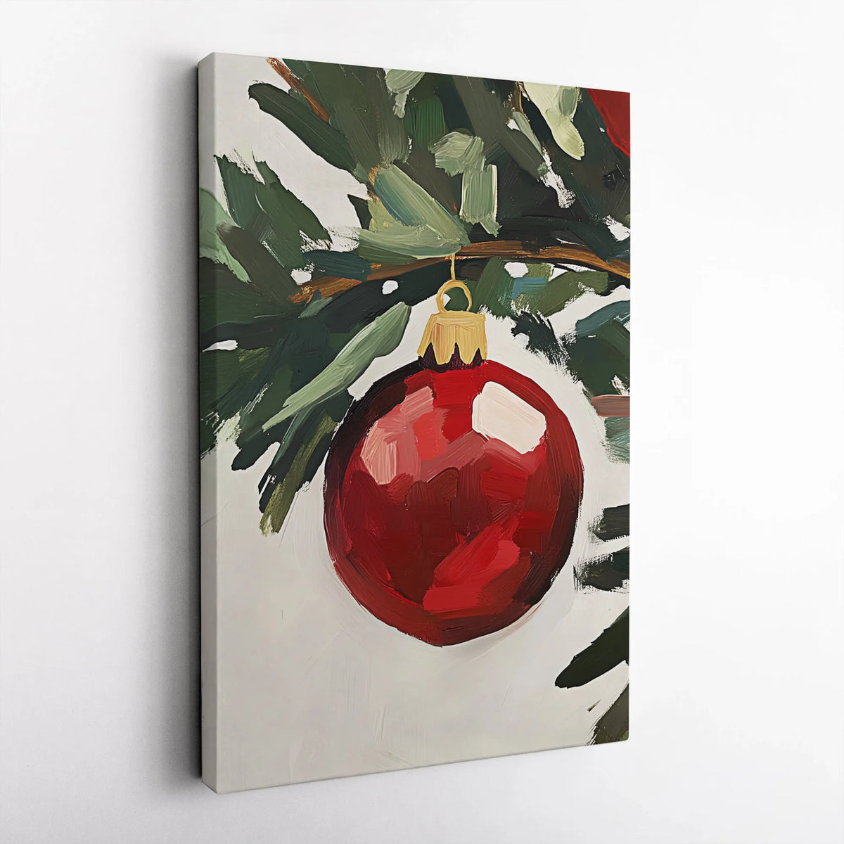 Red Bauble Pine Branch Canvas Print, Christmas Ornament Wall Art, Rustic Holiday Oil Painting Style Wall Art, Winter Festive 