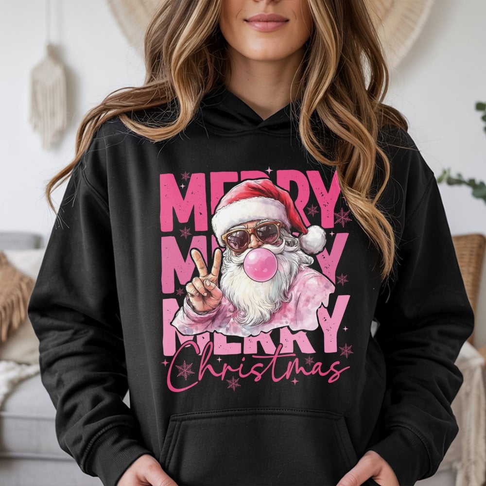 Humorous Bubble Gum Santa Hoodie, Retro Santa Hoodie, Cool Christmas Sunglasses Sweatshirt, Holiday Graphic Hooded Pullover, 