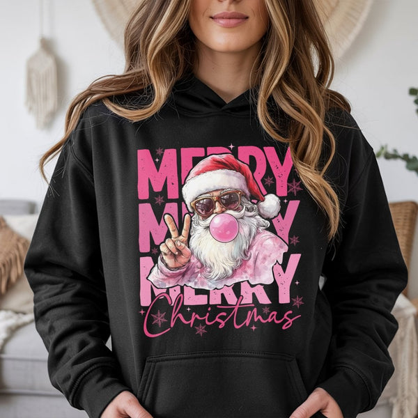 Humorous Bubble Gum Santa Hoodie, Retro Santa Hoodie, Cool Christmas Sunglasses Sweatshirt, Holiday Graphic Hooded Pullover, 