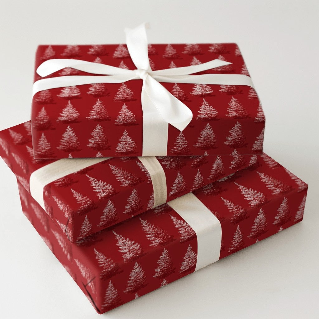White Pine Tree Pattern Gift Wrap, Red Christmas Wrapping Paper, Classic Rustic Holiday Gift Wrapping Paper, Winter Season Pa
