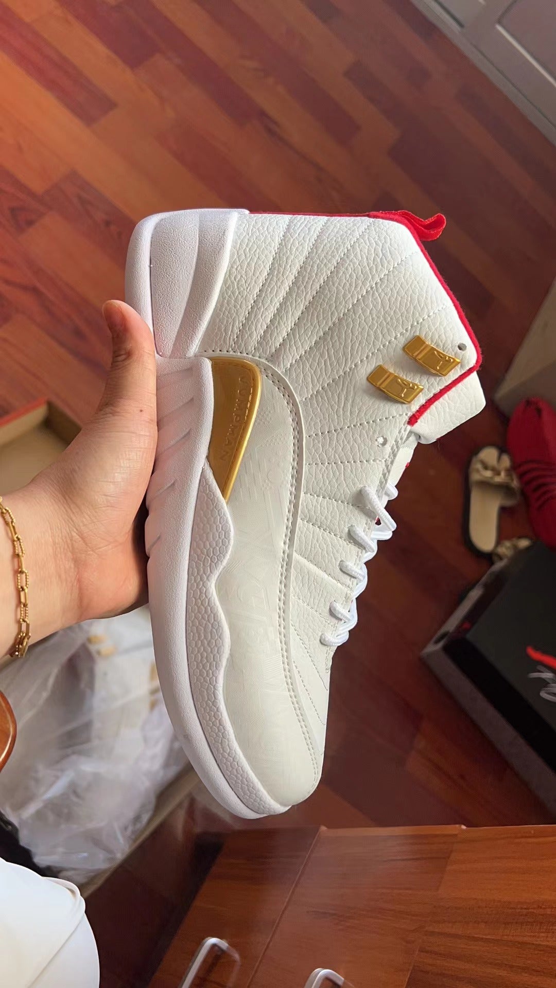 Sneakers, White Red Gold Colorway, Lace Up Design, Casual Gift for Sneaker Fans