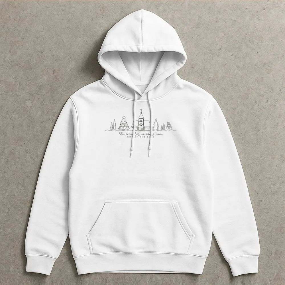 Minimalist Christian Christmas Hoodie, Oh Come Let Us Adore Him Hoodie, Line Art Faith Holiday Pullover, Nativity Religious C