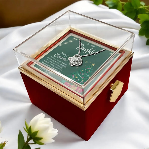 Mom to Daughter Love Knot Necklace, Christmas Daughter Love Knot Necklace, Sparkling CZ Crystal Pendant, Rotating Rose Box Ne
