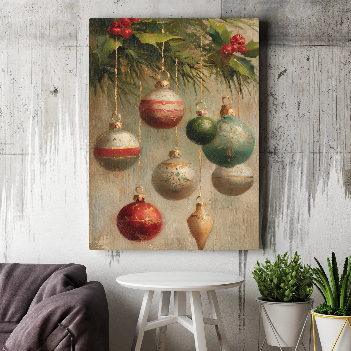 Holly Berries Oil Painting Print, Vintage Christmas Ornaments Canvas Wall Art, Holiday Canvas Poster, Digital Download Decor