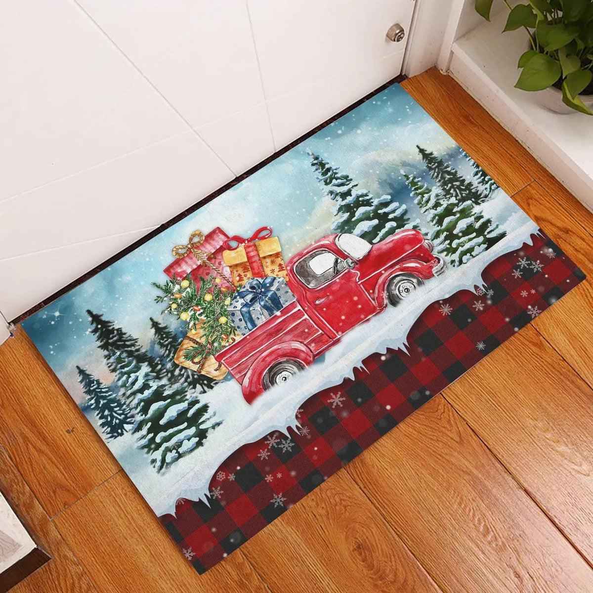 Buffalo Plaid Tartan Welcome Mat, Christmas Red Truck Doormat, Winter Christmas Entryway Mat, Farmhouse Christmas Floor Mat, 