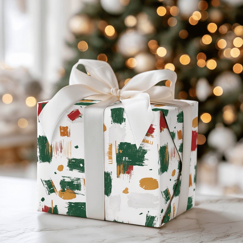 Brush Stroke Holiday Gift Wrap, Abstract Christmas Wrapping Paper, Modern Red Green Present Wrap, Festive Xmas Wrapping Paper