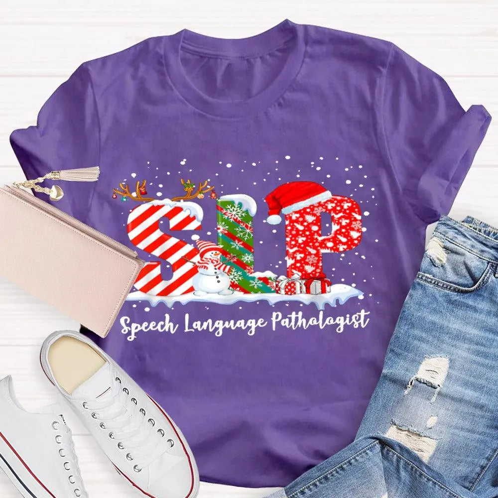 Speech Language Pathologist Tee, SLP Snowman Christmas Shirt, Holiday Speech Therapist T-Shirt, Winter SLP Graphic Tee, Speec