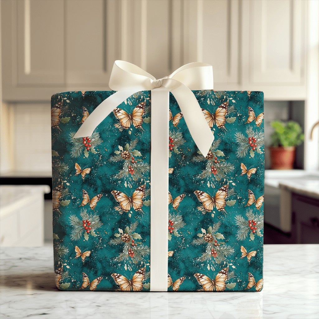 Orange Monarch Botanical Holiday Gift Wrap, Butterfly Holly Christmas Wrapping Paper, Teal Winter Foliage Wrapping Paper, Nat