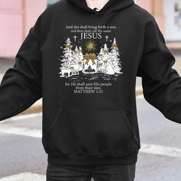 Matthew 1 21 Scripture Hooded Sweatshirt, Jesus Christmas Nativity Hoodie, Christian Faith Christmas Hoodie, Religious Holida