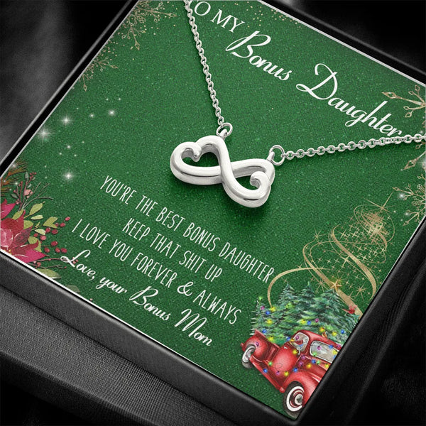Heart Pendant Necklace, Bonus Daughter Infinity Necklace, 14k White Gold Finish Necklace, Christmas Present for Stepdaughter 