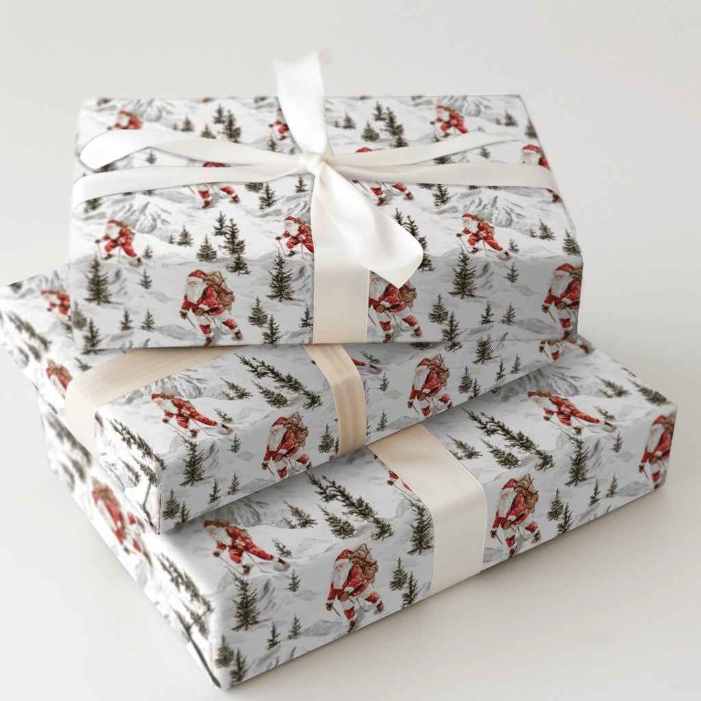 Mountain Expedition Christmas Gift Wrap, Hiking Santa Wrapping Paper, Watercolor Outdoor Santa Claus Present Paper, Rustic Wi