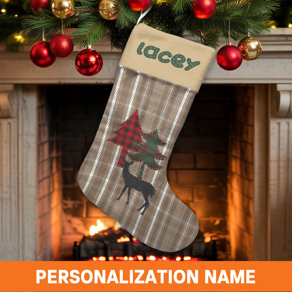 Personalized Christmas Stocking, Rustic Plaid Reindeer Christmas Stocking, Holiday Farmhouse Stocking, Comfy Winter Fireplace