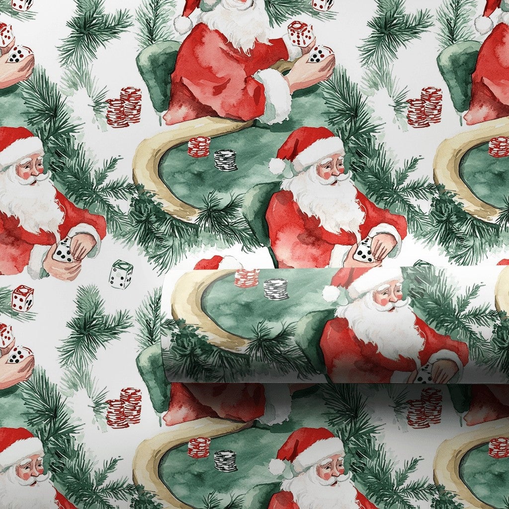 Casino Holiday Gift Wrap, Santa Poker Christmas Wrapping Paper, Humorous Gambling Dice Christmas Wrapping Paper, Game Night P
