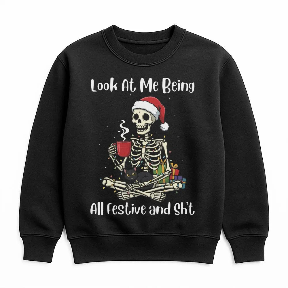 Festive Cat Lover Skeleton Sweater, Humorous Christmas Skeleton Sweatshirt, Spooky Xmas Skeleton Crewneck, Retro Winter Holid