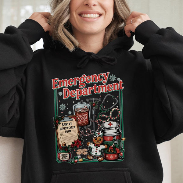 ER Nurse Holiday Hooded Sweatshirt, Emergency Department Christmas Hoodie, Medical Doctor Xmas Pullover, Healthcare RN Presen