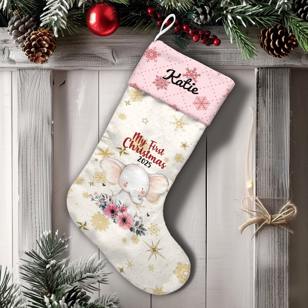 Adorable Floral Elephant Stocking, Personalized Baby First Christmas Stocking, Custom Name Holiday Stocking, Baby Girl Keepsa