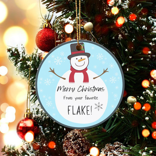 Favorite Flake Holiday Ornament, Snowman Christmas Ornament, Ceramic Snowman Tree Decor, Humorous Xmas Keepsake Present for F