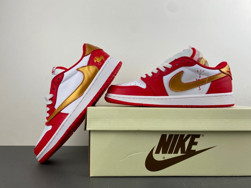 Low Top Sneakers, White Red Gold Colorway, Reverse Hook Design, Lace Up Design, Casual Gift for Sneaker Fans