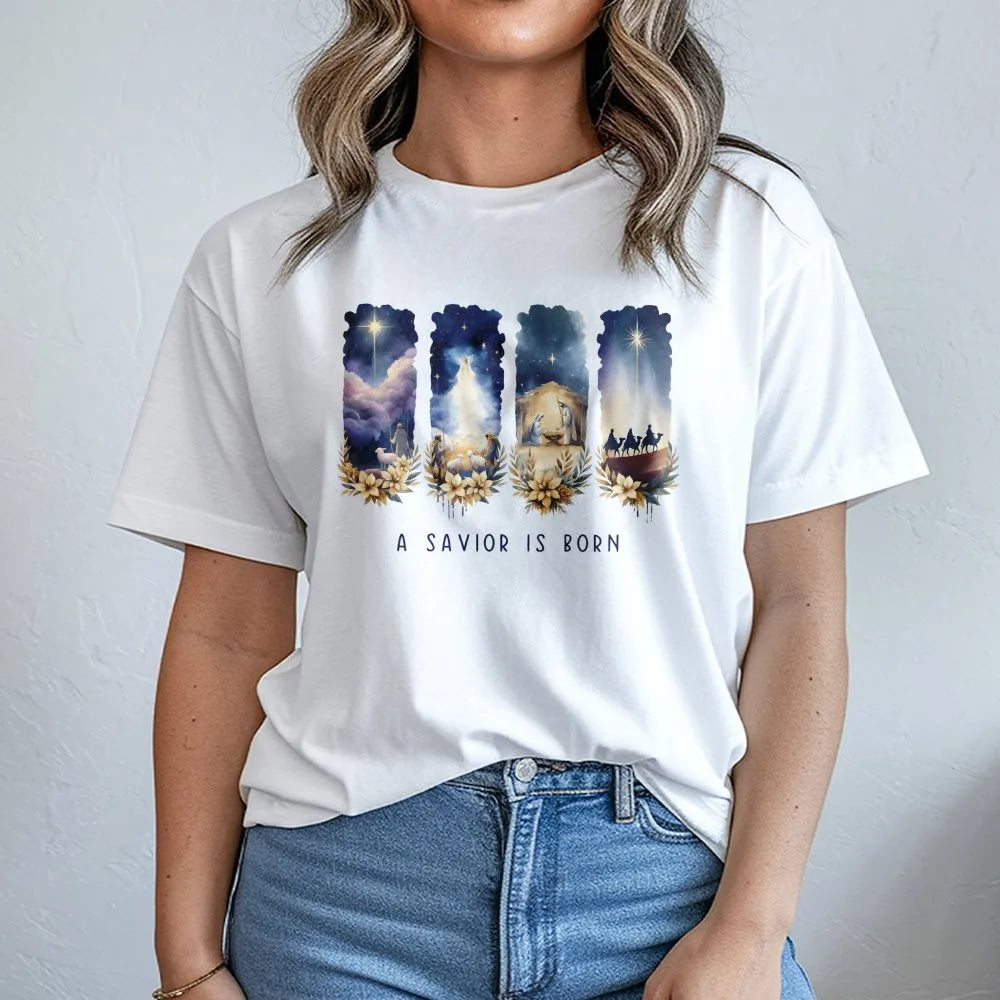 Watercolor Nativity Christmas Shirt, A Savior Is Born T-Shirt, Christian Holiday Graphic Tee, Religious Xmas T-Shirt, Faith P